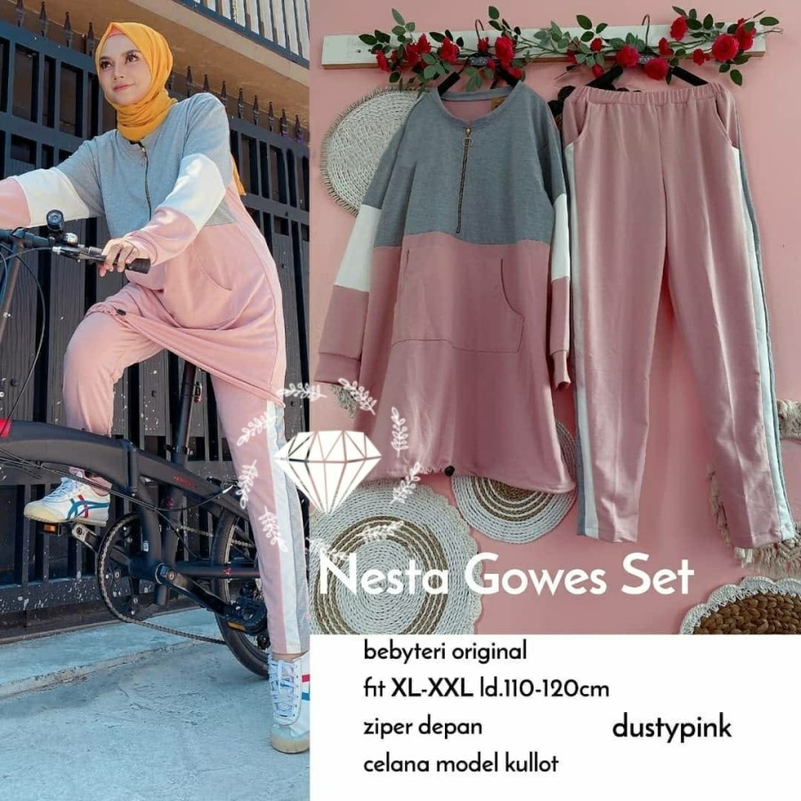 Setelan Baju Olahraga Sepeda Senam Jogging Gowes Wanita Muslimah Jumbo