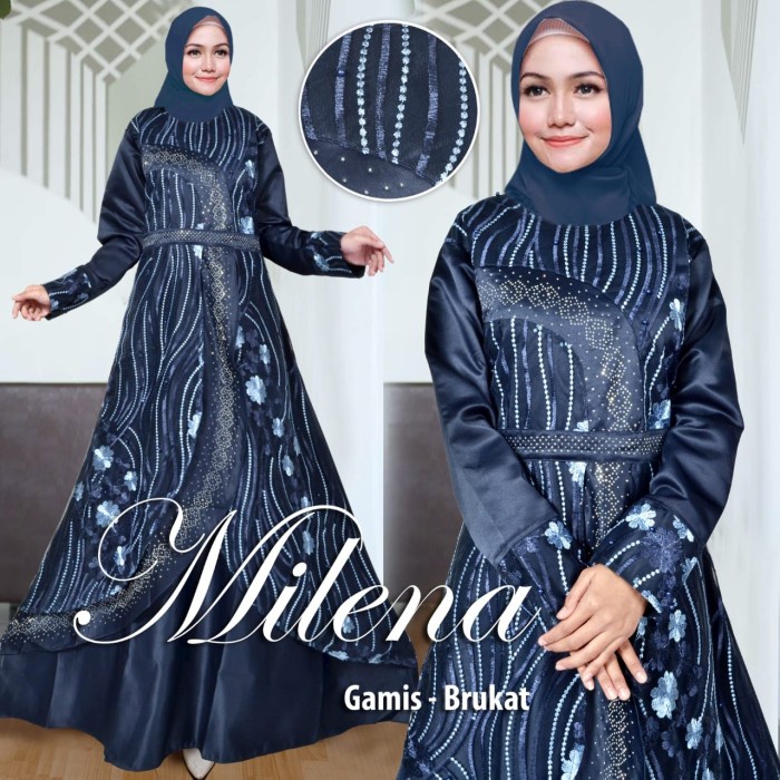 PREMIUM GAMIS PESTA MUSLIM DRESS MILENA 3 WARNA GAMIS CANTIK MEWAH ELEGANT - NAVY