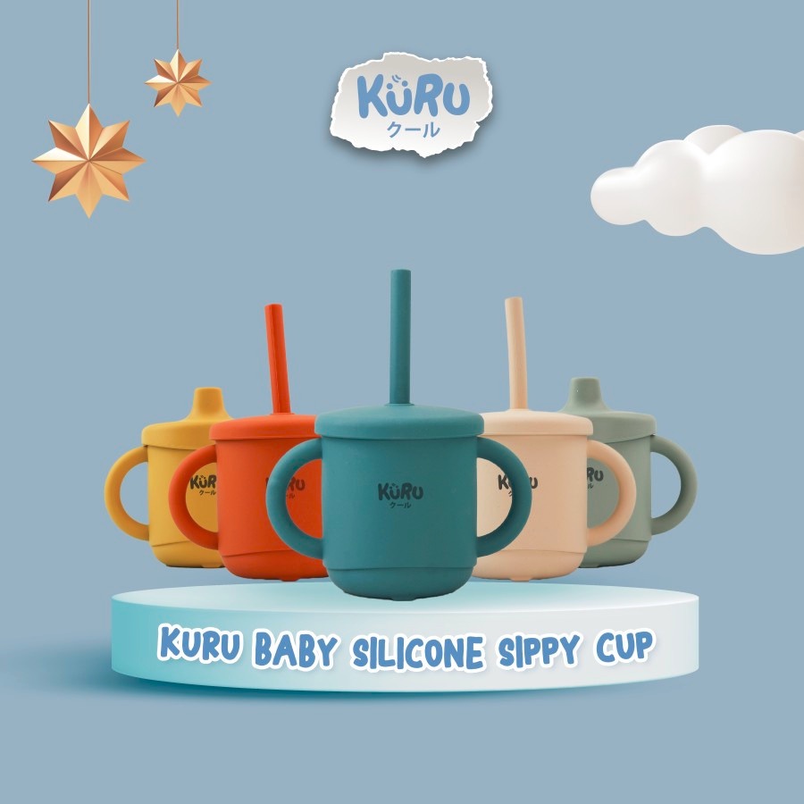 KURU Premium Disposable Bib - Celemek Anak Bayi Sekali Pakai Baby Bibs Apron / KURU Sendok Garpu Makan Bayi Baby Flexi Fun Spoon and Fork Set - SF1 - Sendok Garpu Bayi / Kuru Baby Silicone Sippy Cup Set | Gelas Silicone Bayi + Straw Sedotan