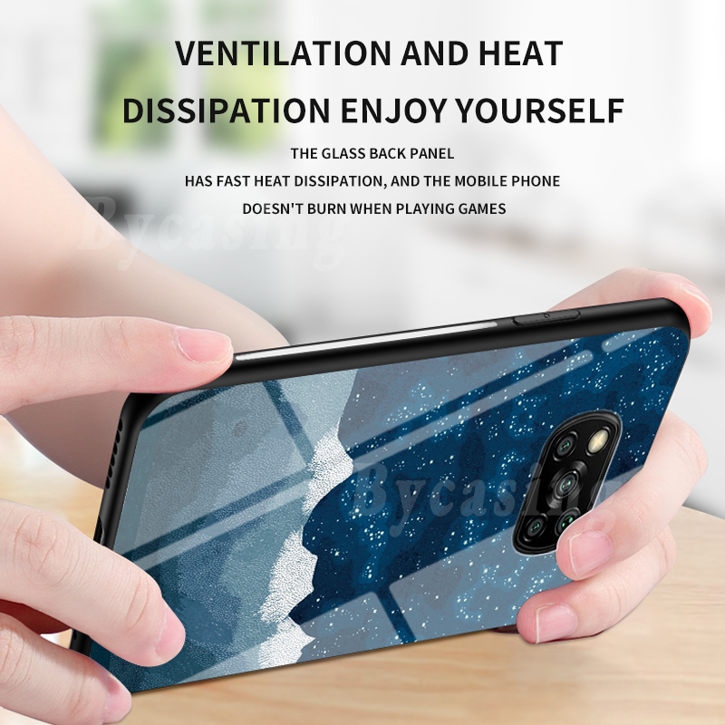 Starry Sky Tempered Glass Phone Case For Xiaomi Poco X3 NFC Soft Frame Anti Scratch Hard Back Cover BY