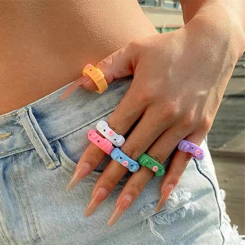 Cincin Bentuk Kartun Hewan Gurita Beruang Bahan Resin Warna Permen Untuk Wanita