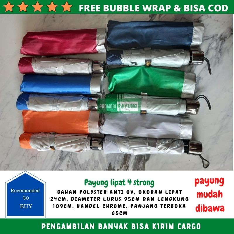 PAYUNG LIPAT 4 LAPIS SILVER ANTI UV GAGANG CHROME WARNA CERAH ORANGE BIRU MERAH ABU PAYUNG POLOS