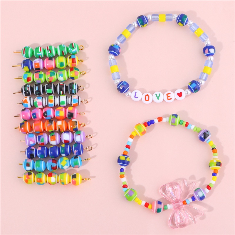 50pcs Manik-Manik Resin Bulat Motif Garis Warna Pelangi Handmade Untuk Membuat Perhiasan