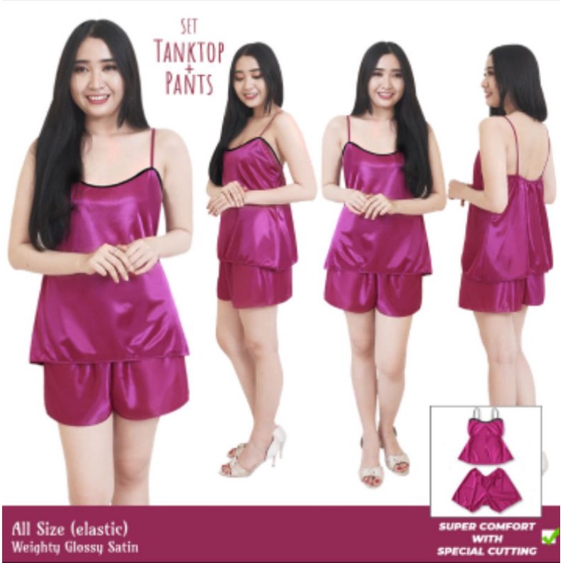 Setelan babydoll wanita sexy celana pendek baju tidur satin allsize ungu 1473VBD