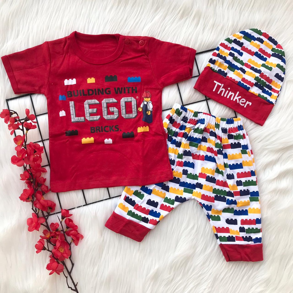 Baju setelan kaos celana topi lucu lego kuning biru merah bestseller anak bayi cowok laki murah -leg