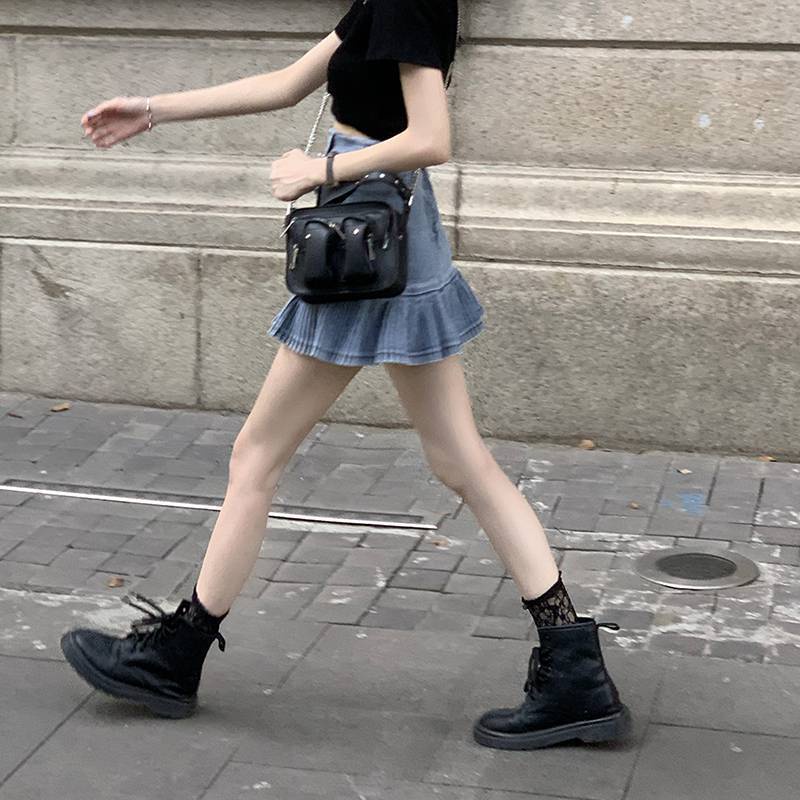 #Sisjuly# Ruffled Pinggang Tinggi Panas Gadis Denim Rok Wanita Anti Eksposur Lipit Group Rok Lengan Pendek Dua