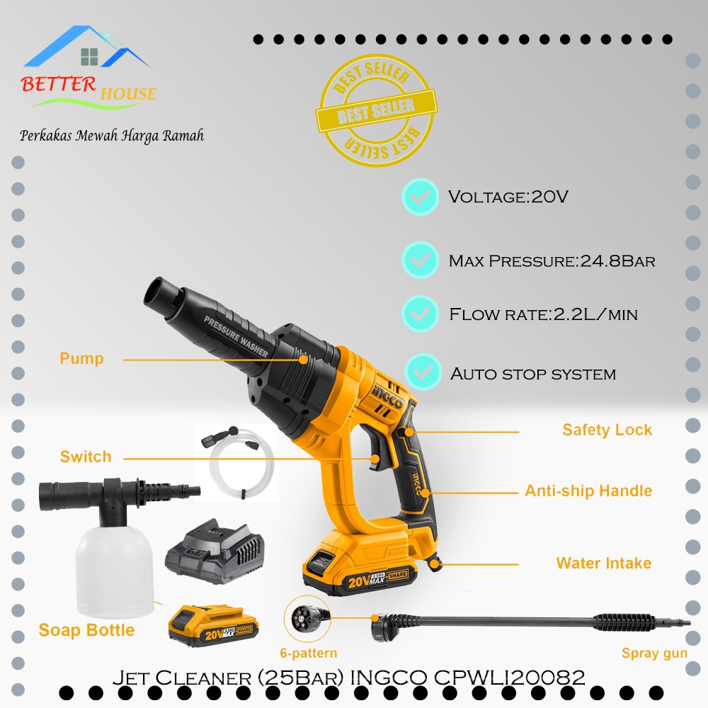 Jet Cleaner Cordless 20V (25Bar) INGCO CPWLI20082 Pompa Cuci Steam AC