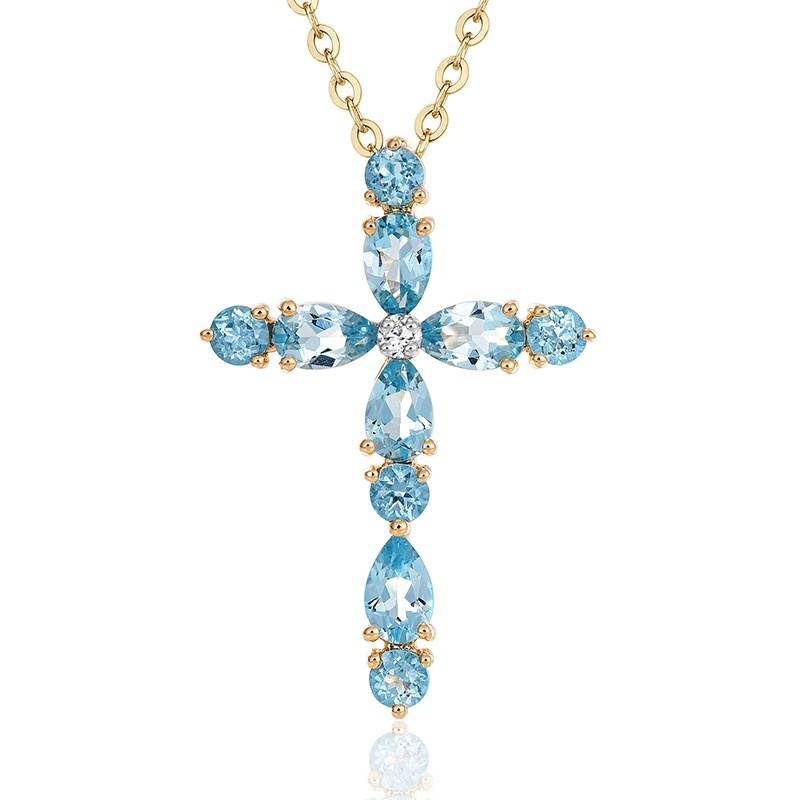 [Ready Stock]Fashion 18K Gold Plated Blue Gemstone Cross Pendant Necklace