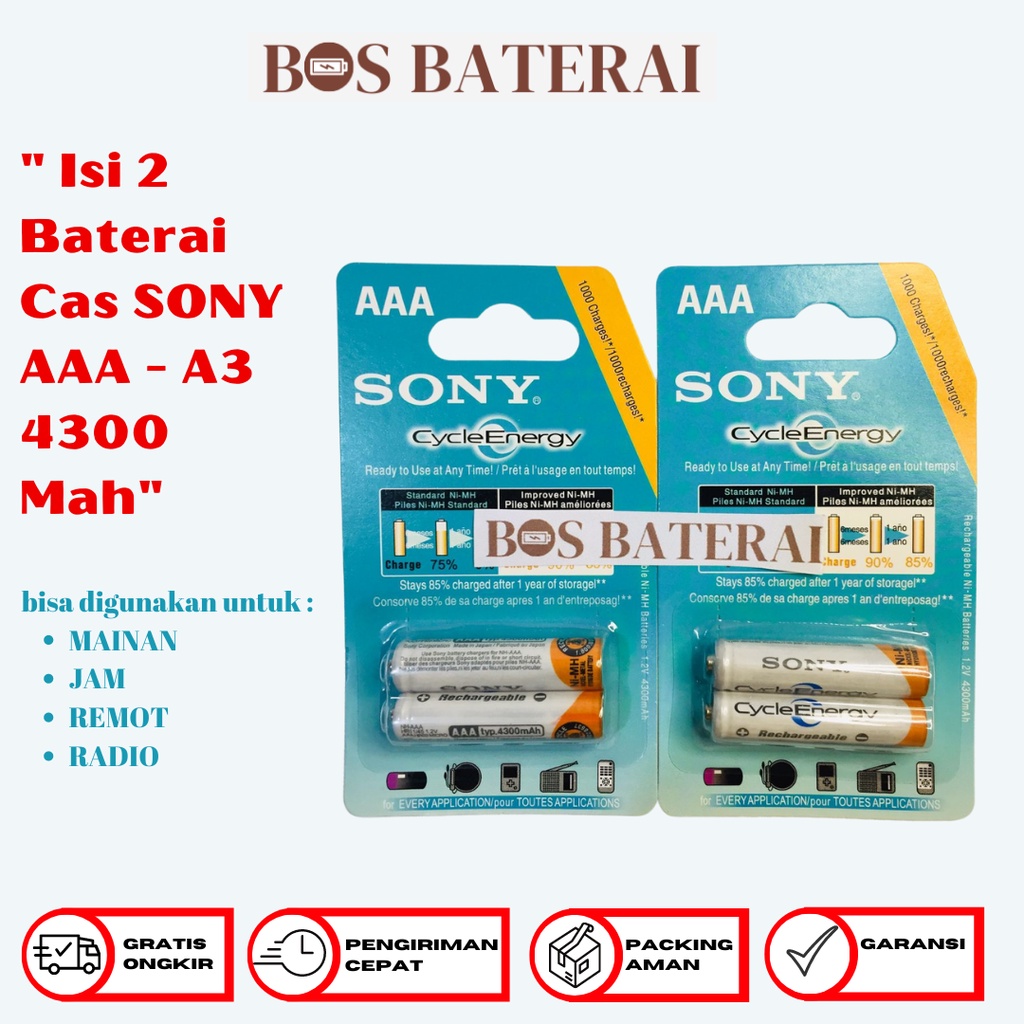 Isi 2 Baterai Cas SONY AAA - A3 / Baterai Charger SONY AAA 4300 Mah