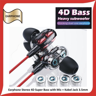 Earphone Stereo 4D Super Bass with Mic + Kabel Jack 3.5mm Murah Bagus Berqualitas