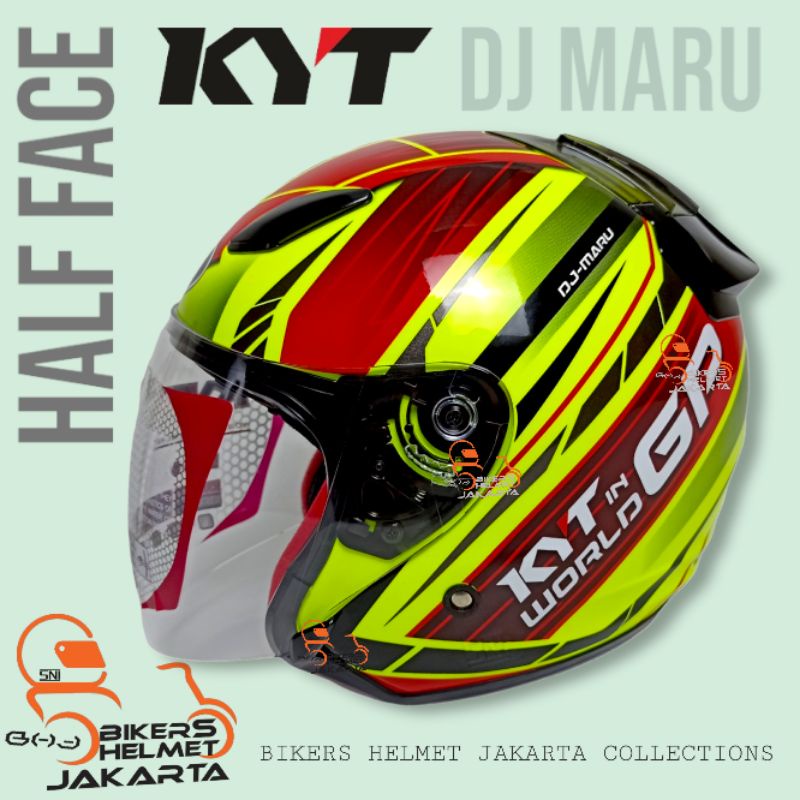 KYT HELM DJ MARU MOTIF#2 WORD GP YELLOW FLUO RED MAROON HALF FACE