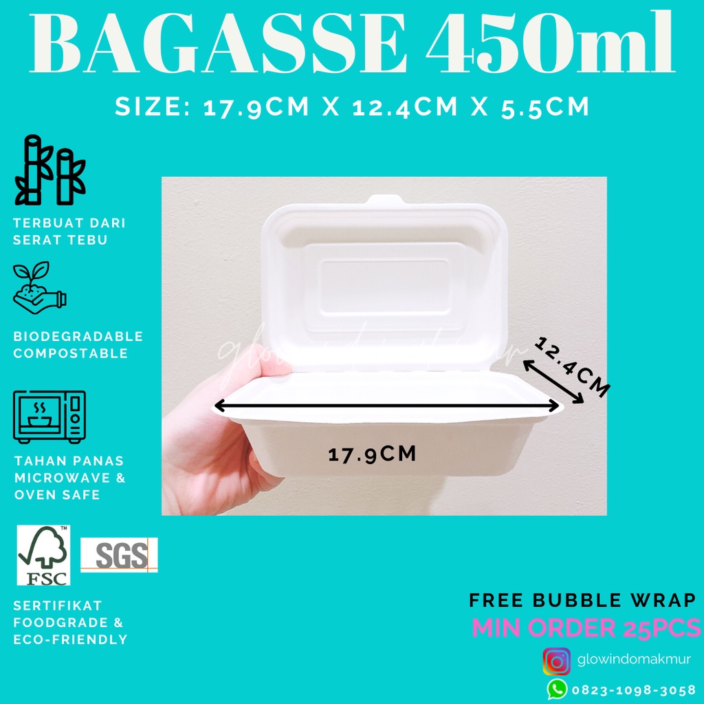 Bagasse Kotak 450ml Lunchbox Takeaway Sugarcane Serat Tebu ECO FRIENDLY