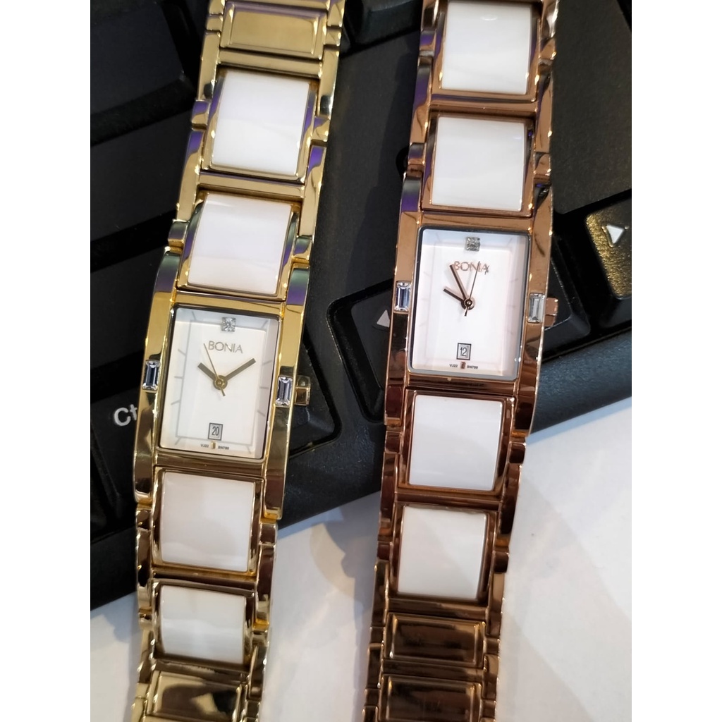 Limited Stock Jam Tangan Wanita Original Brand BONIA B779-2217L Ladies Watch Case Segi Panjang Material Case Stainless Steel Wanita Strap Stainless Steel Keramik Tanggal Aktif Water Resistant Garansi 1 Tahun+Box Original Dan Kartu Garansi