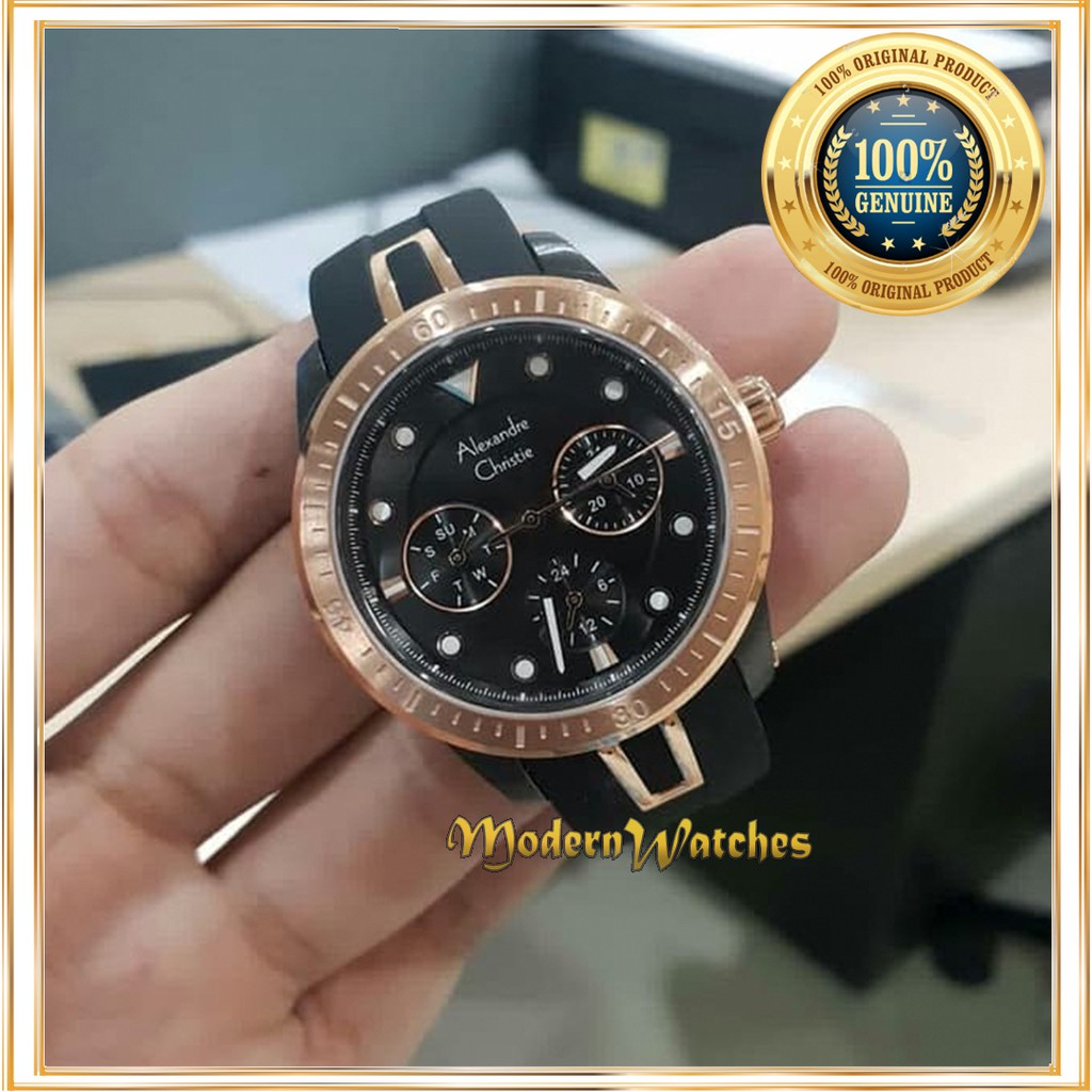 Jam Tangan Cewek Alexandre Christie AC 2772 Rose Gold Hitam Black Rosegold Tali Karet Terbaru Wanita