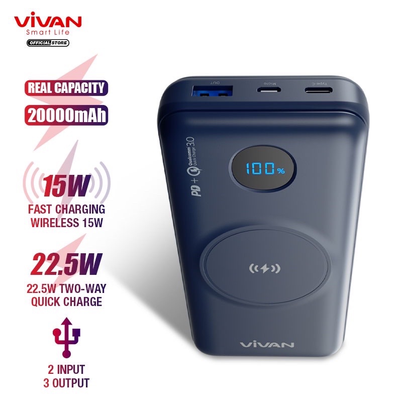 VIVAN VPB-W20 Powerbank 20000 mAh Wireless 3 Output Fast Charging 15W QC 3.0 PD Support Smartphone All Type Garansi Original Resmi 1 TAHUN