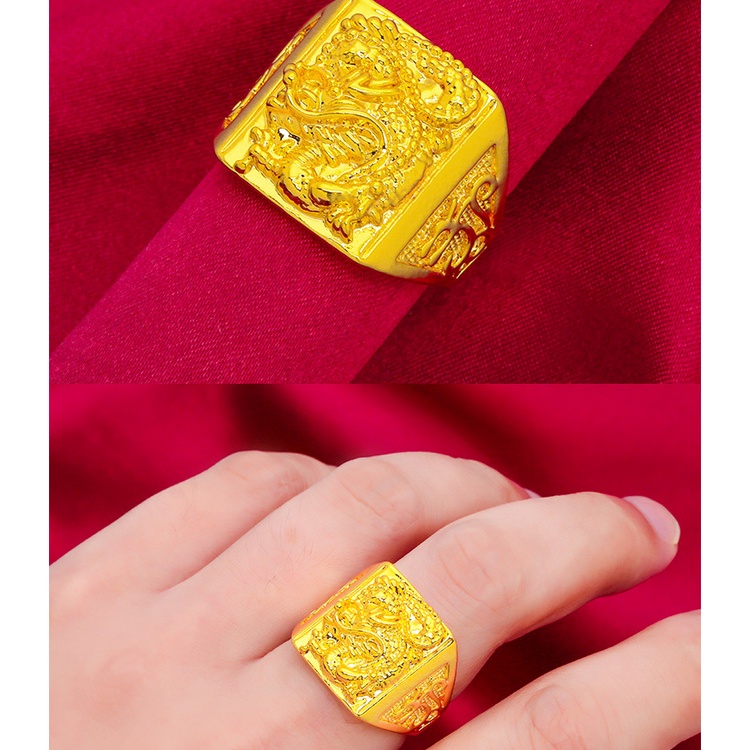Cincin Emas Asli Kadar 375 Model Terbuka Dapat Disesuaikan Desain Naga Timbul Untuk Pria