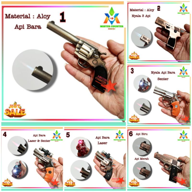 Korek Api Unik Model Pistol Dengan Laser Dan Senter - Korek Gas Isi Ulang Model Pistol Kecil