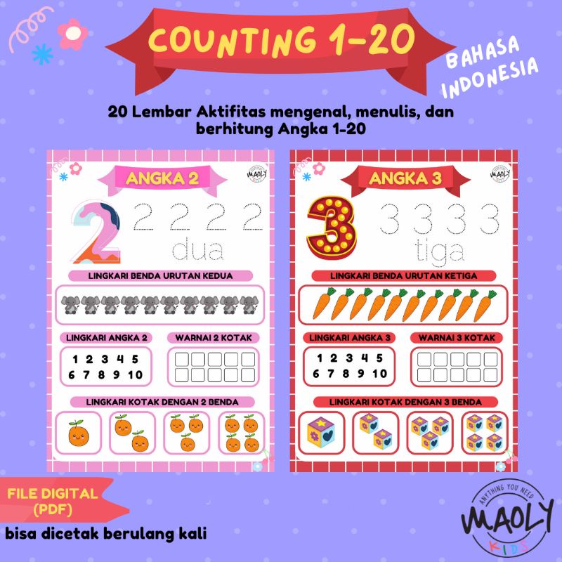 Belajar Berhitung Mengenal Angka 1-20 Worksheet Lembar Kerja Anak PAUD/TK Printable