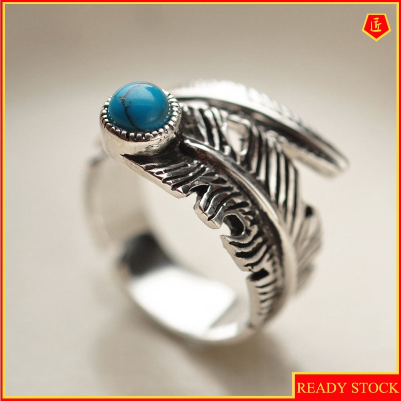 [Ready Stock]S925 Silver Vintage Silver Turquoise Feather Ring