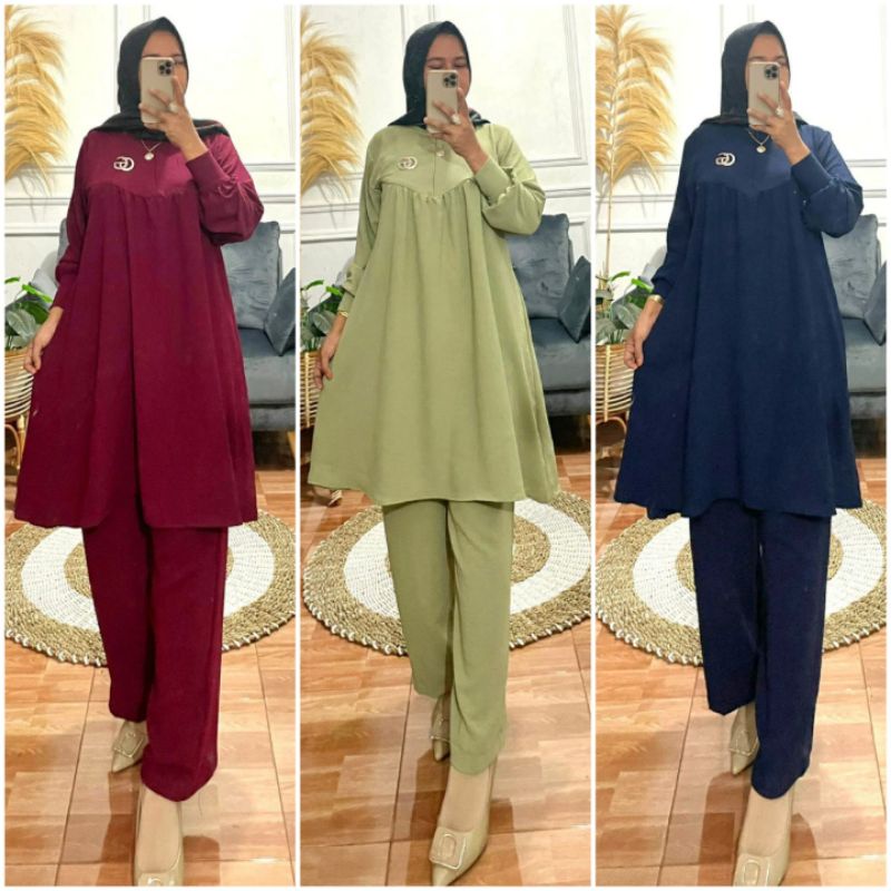 BISA COD AZKIYAHIJAB29 TERBARU SET TUNIK CRINCKLE AIRFFLOW ONESET POLOS ONE SET TUNIK SETELAN LONG T