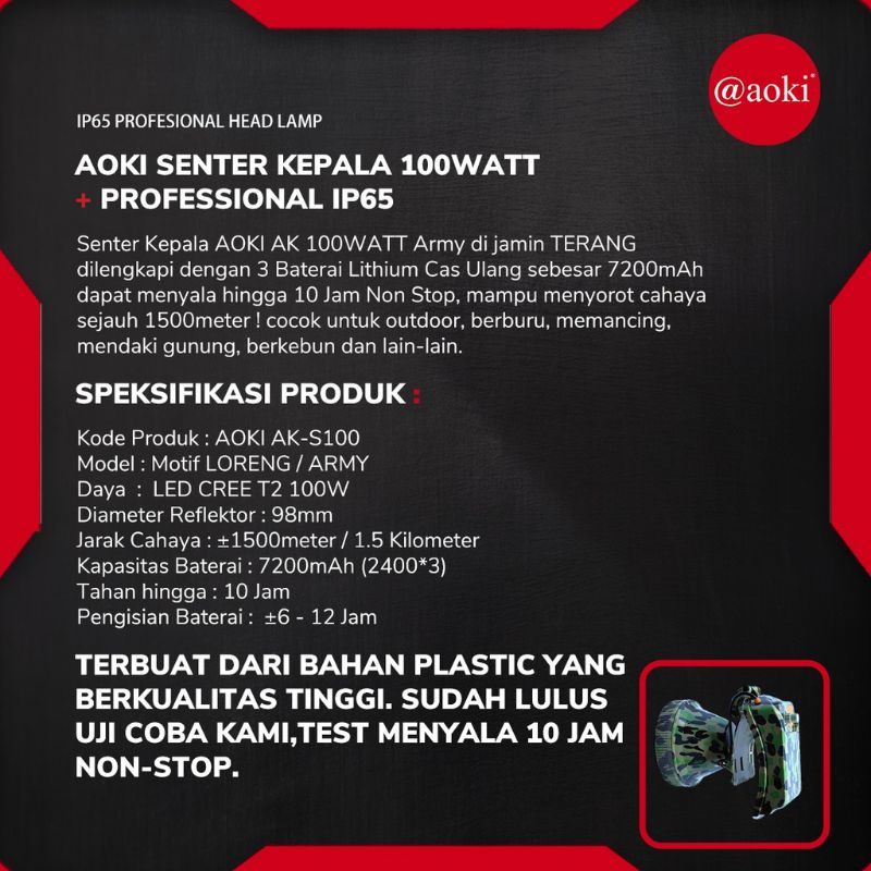 Aoki AK-S100 Headlamp Senter Kepala Loreng Premium Profesional 100W 7200mAh IP65 Power