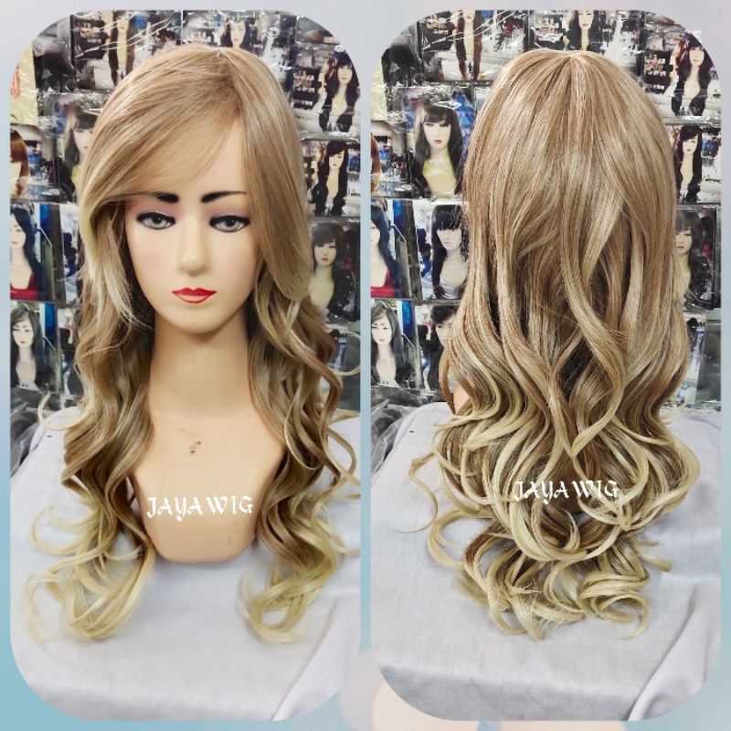 Wig Keriting Panjang Ombre Caramel Rambut Palsu gelombang Panjang 55cm