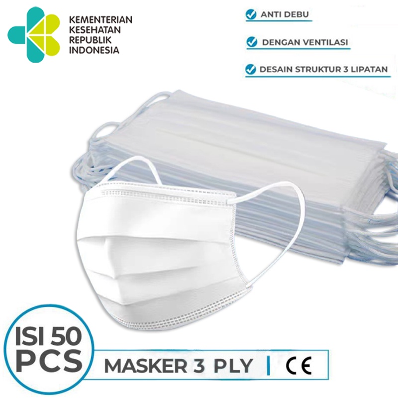 Masker Earloop White 3ply isi 50 Pcs Kemenkes Earloop Masker Putih Protective Masker Mulut Disposabl