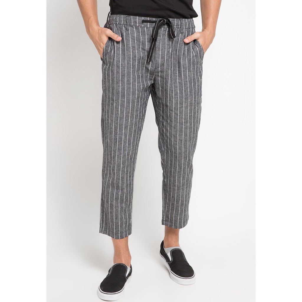 Giordano Linen Ankle - Celana Panjang Pria Strip - Dark heather Grey x White