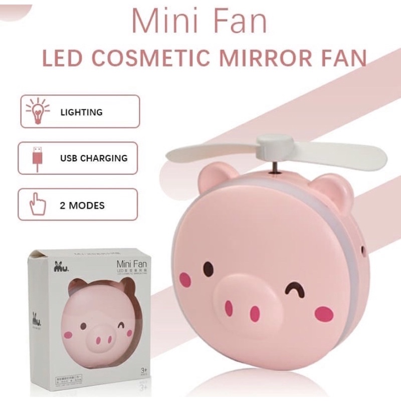 [COD] MIAO Kipas Angin Mini Portable 3in1 Cermin Rias Mini + Kipas + Lampu USB dengan Karakter Lucu l Biru &amp; Pink