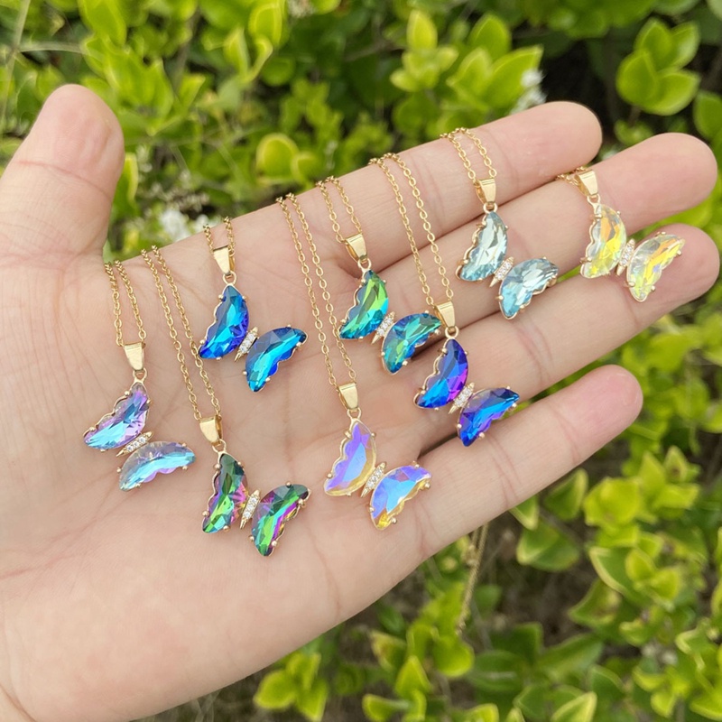 Kalung Rantai Klavikula Desain Kupu-Kupu Kristal Kaca Bening Gaya Korea Butterfly