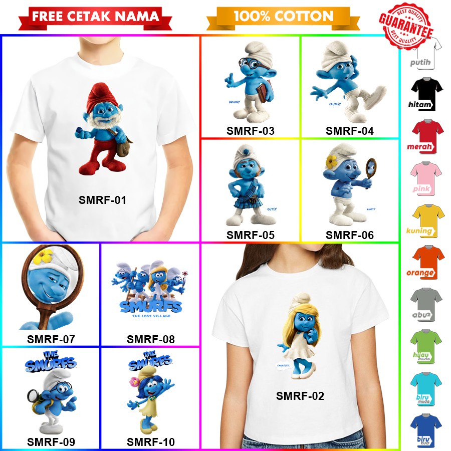 [FREE NAMA!!] Baju Kaos ANAK SMURF BANYAK MOTIF