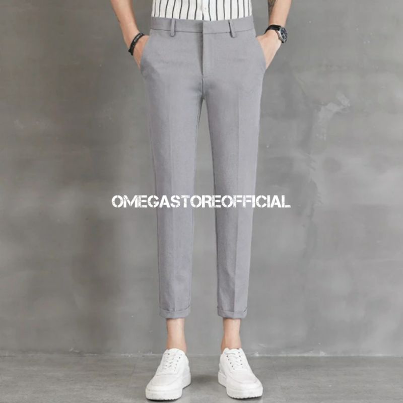 OMEGASTOREOFFICIAL - Celana Ankle Pants Pria (formal, bahan, kantor, kain, kerja) Panjang Slimfit - Abu Muda