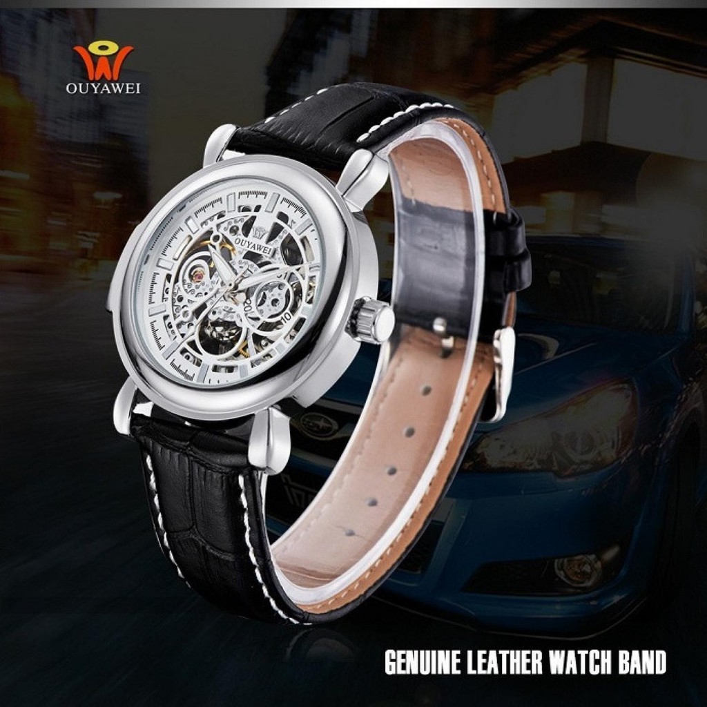 Ouyawei Skeleton Leather Strap Automatic Mechanical Watch - OYW1323 Putih Silver
