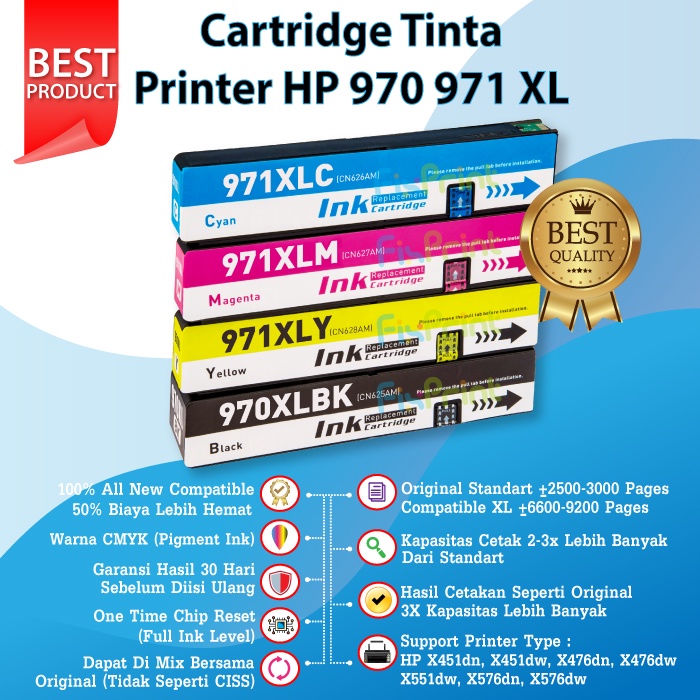 Cartridge Tinta HP 970 971 XL 970XL 971XL Compatible HP Officejet Pro X451dn, X451dw, X476dn, X476dw, X551dw, X576dn, X576dw