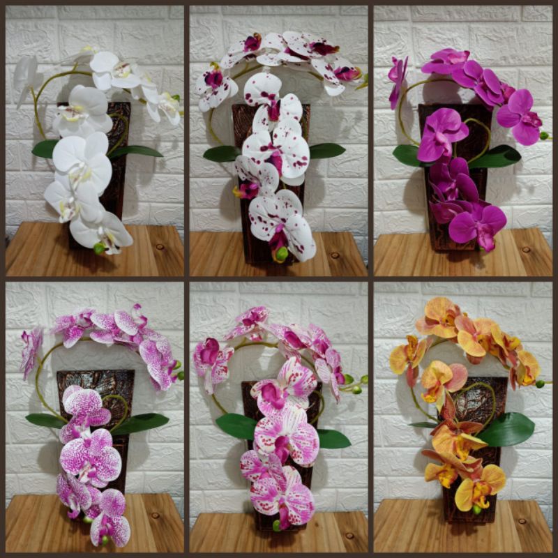 BUNGA ANGGREK TEMPEL VAS KAYU ARTIFICIAL / RANGKAIAN BUNGA ANGGREK TEMPEL