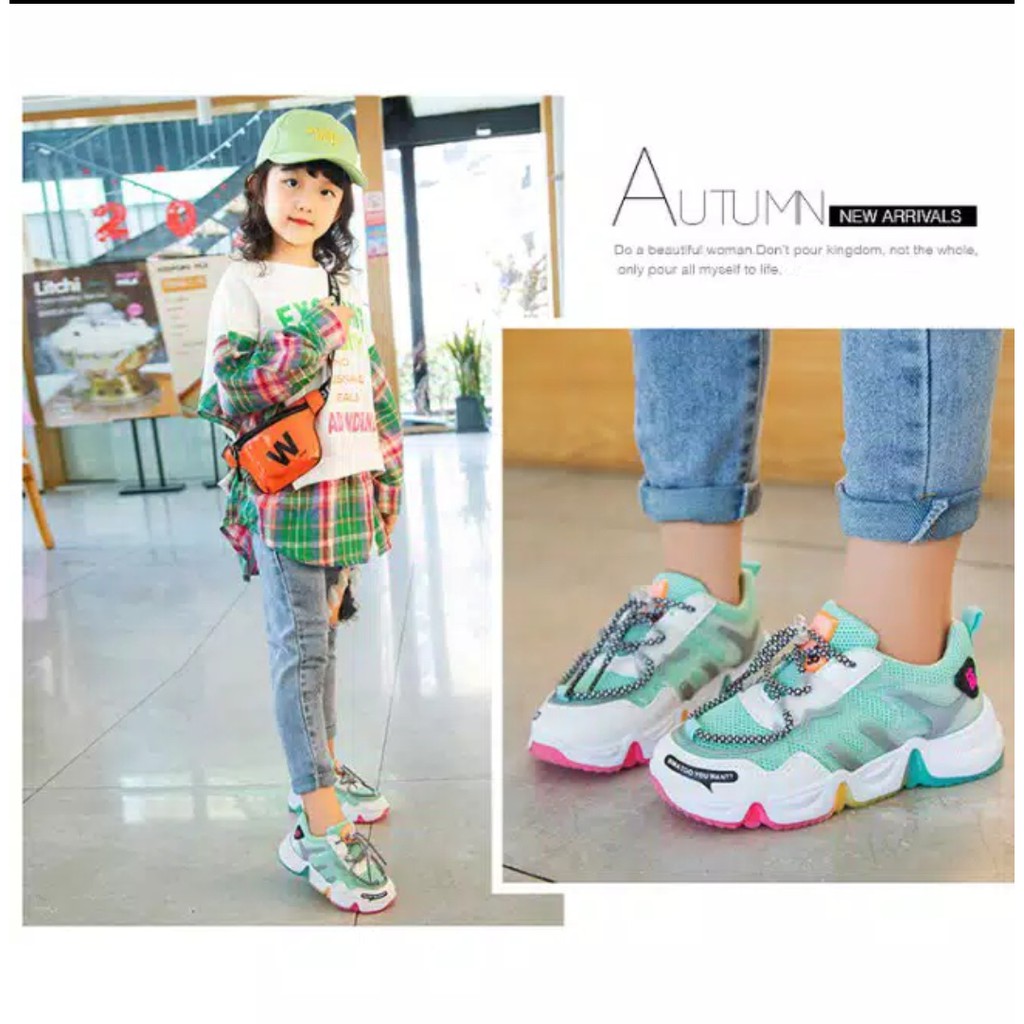 Sepatu Anak Perempuan Casual Sneaker Non LED Korea Style Green