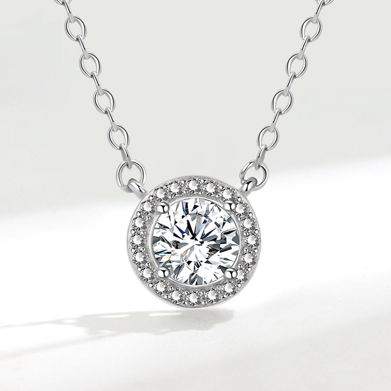 Kalung Rantai Sterling Silver 925 Hias Liontin Batu Zircon Bulat Untuk Wanita