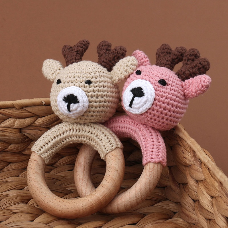 Mary Mainan Rattle Teether Bentuk Rusa Bahan Kayu Untuk Bayi