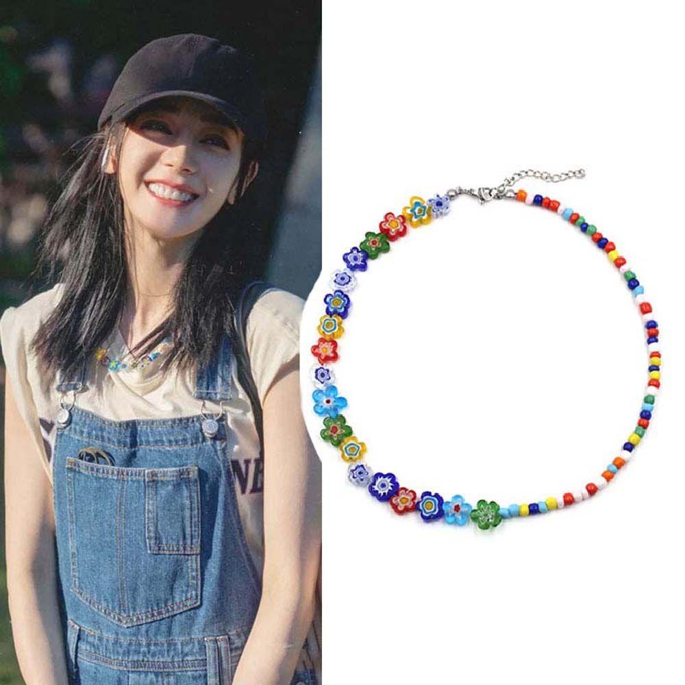 Mxbeauty Bohemian Kalung Gadis Vintage Kaca Rantai Klavikula Gaya Etnik Gaya Korea Kalung Musim Panas Manik-Manik Warna-Warni Kalung Manik Padi