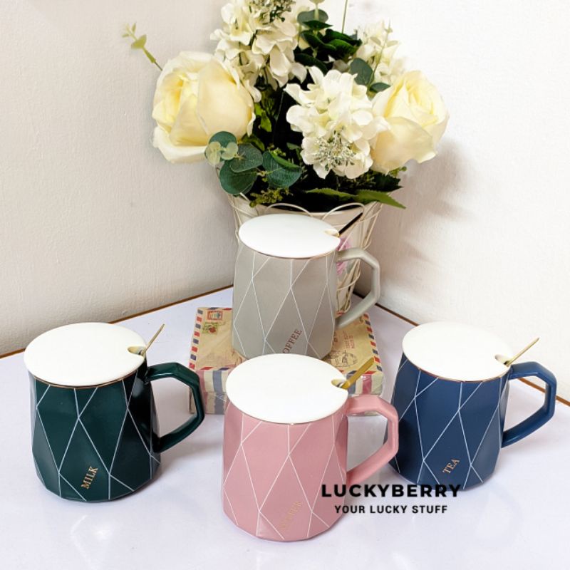Mug Keramik + Tutup + Sendok Polos Elegant NK540