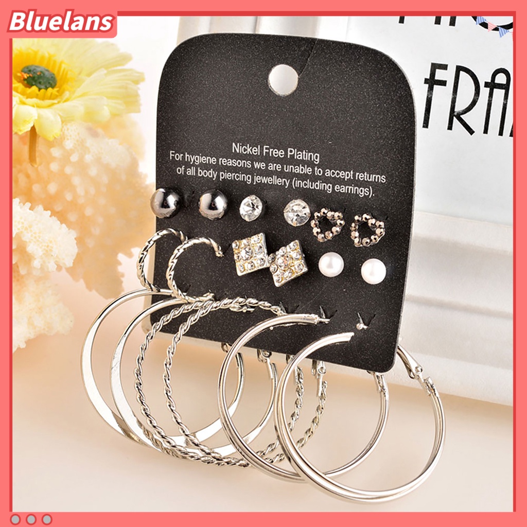 Bluelans 9 Pairs Earring Rhinestone Inlaid Jewelry Gift Alloy Stud Hoop Earrings Set