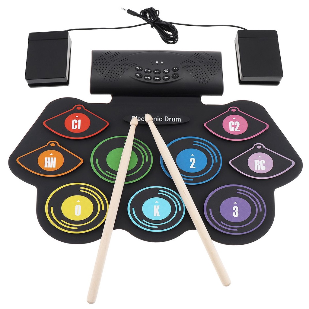 9 Pad Drum Elektronik Bahan Silikon Warna Pelangi Dengan Pedal Kabel USB MIDI