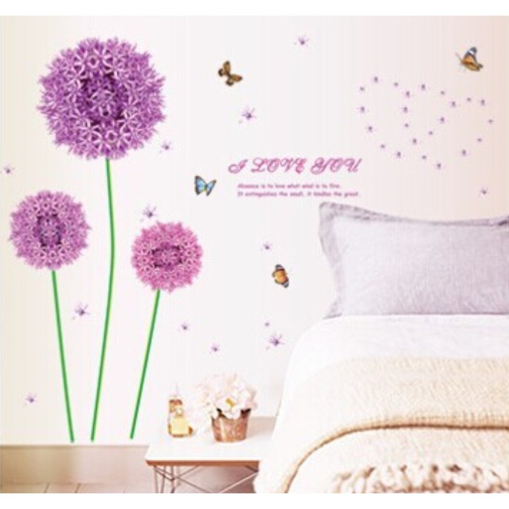 RELIZA WALLSTICKER DANDELION UNGU BUNGA FLOWERS LOVE BUTTERFLY PURPLE HOME DECOR HIASAN DINDING 9127