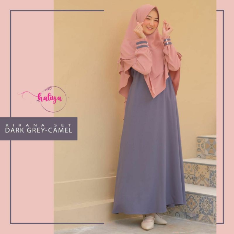 Kirana set dark grey camel gamis syar'i set by haliya hijab