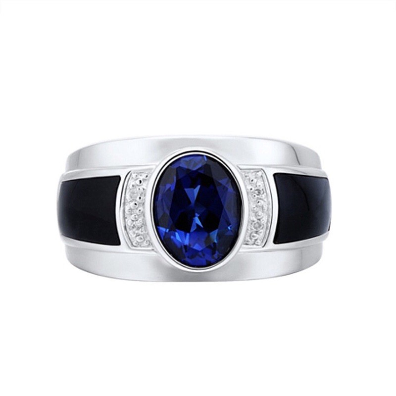 Cincin Pria Batu Blue Saphire Cubic Zirconia Akik Safir Biru Royal Warna Ring Perak List Hitam