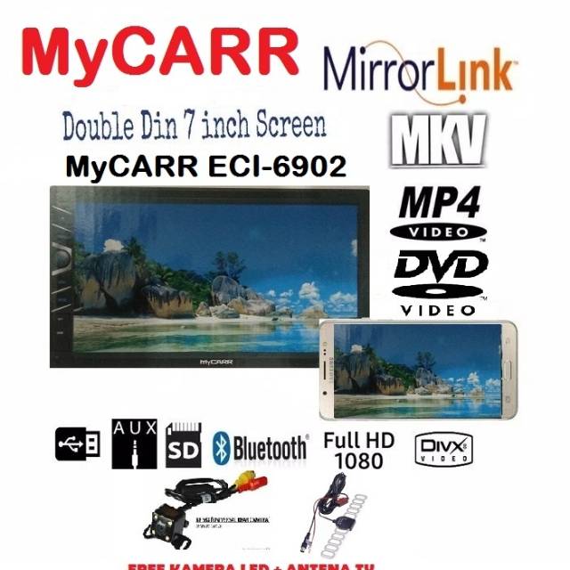 HEAD UNIT TAPE TV MOBIL DOUBLE DIN DVD MERK MyCARR MIRROLINK, FULL HD MP4  +KAMERA+ANTENA