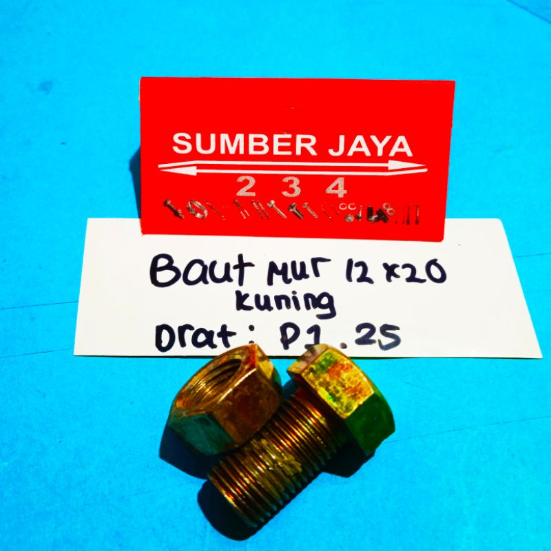 Baut mur M12 12 x 20 kuning TERMURAH