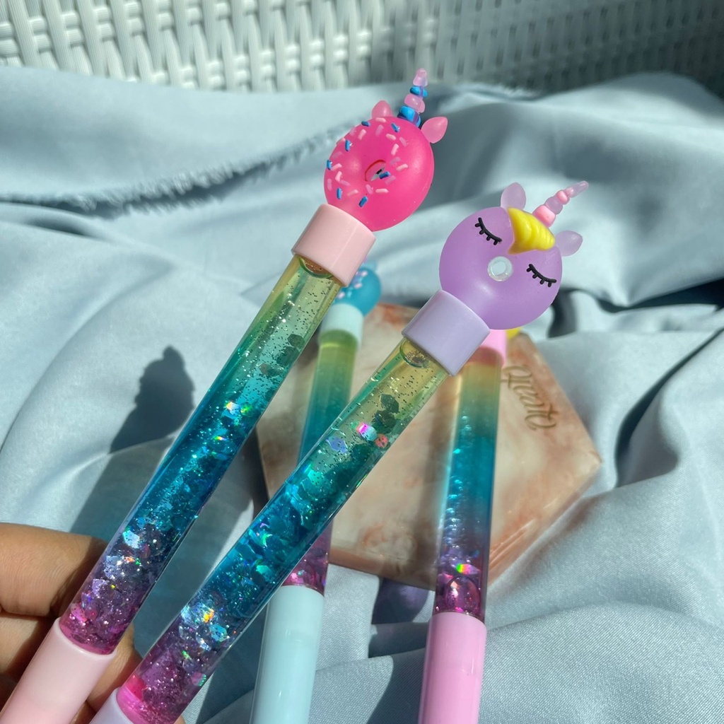 PULPEN GLITER DONUT UNICORN TANDUK IMUT LUCU WARNA WARNI BEST QUALITY PEN GLITER DONAT UNICORN CUTE READY 4 MODEL VARIANT KUALITAS TERBAIK