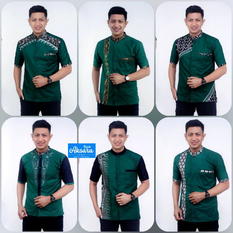 Ori Aksara Batik - Baju Kemeja Koko Pria Lengan Pendek Murah Warna Hijau Botol/Hijau Tua Original Ne