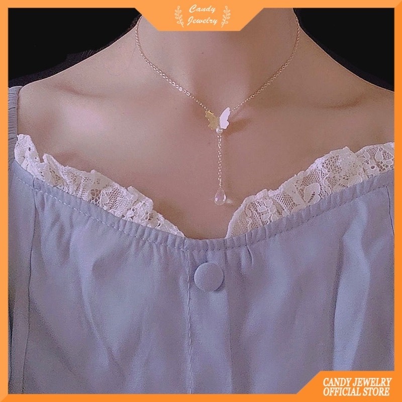 Kalung Rantai Choker Desain Butterfly Water Drop Bahan Alloy Gaya Retro Untuk Wanita